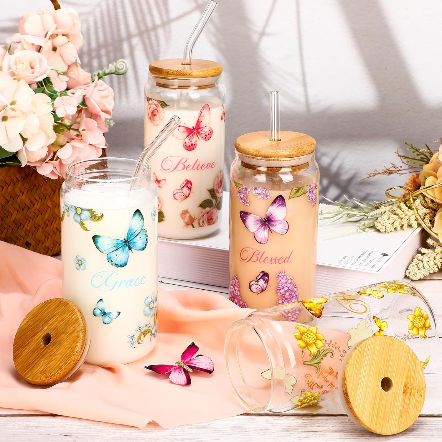 Cunhill 4 vasos de cristal cristiano de 16 onzas con diseño de mariposa de agradecimiento para café helado, regalo de graduación, vasos de flores