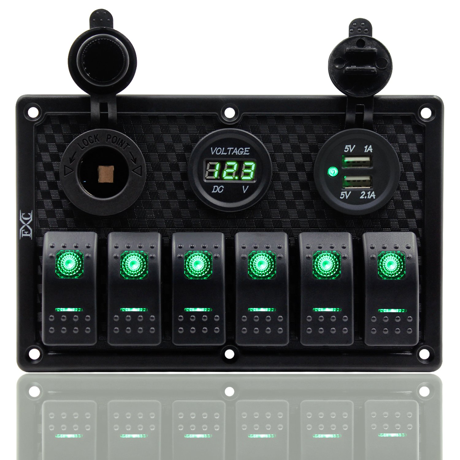 Panel FXC impermeable, con ranura de doble puerto USB, fusibles de 4.2A, visualización digital de voltaje, toma de encendedor y 4, 6 u 8 tipos de