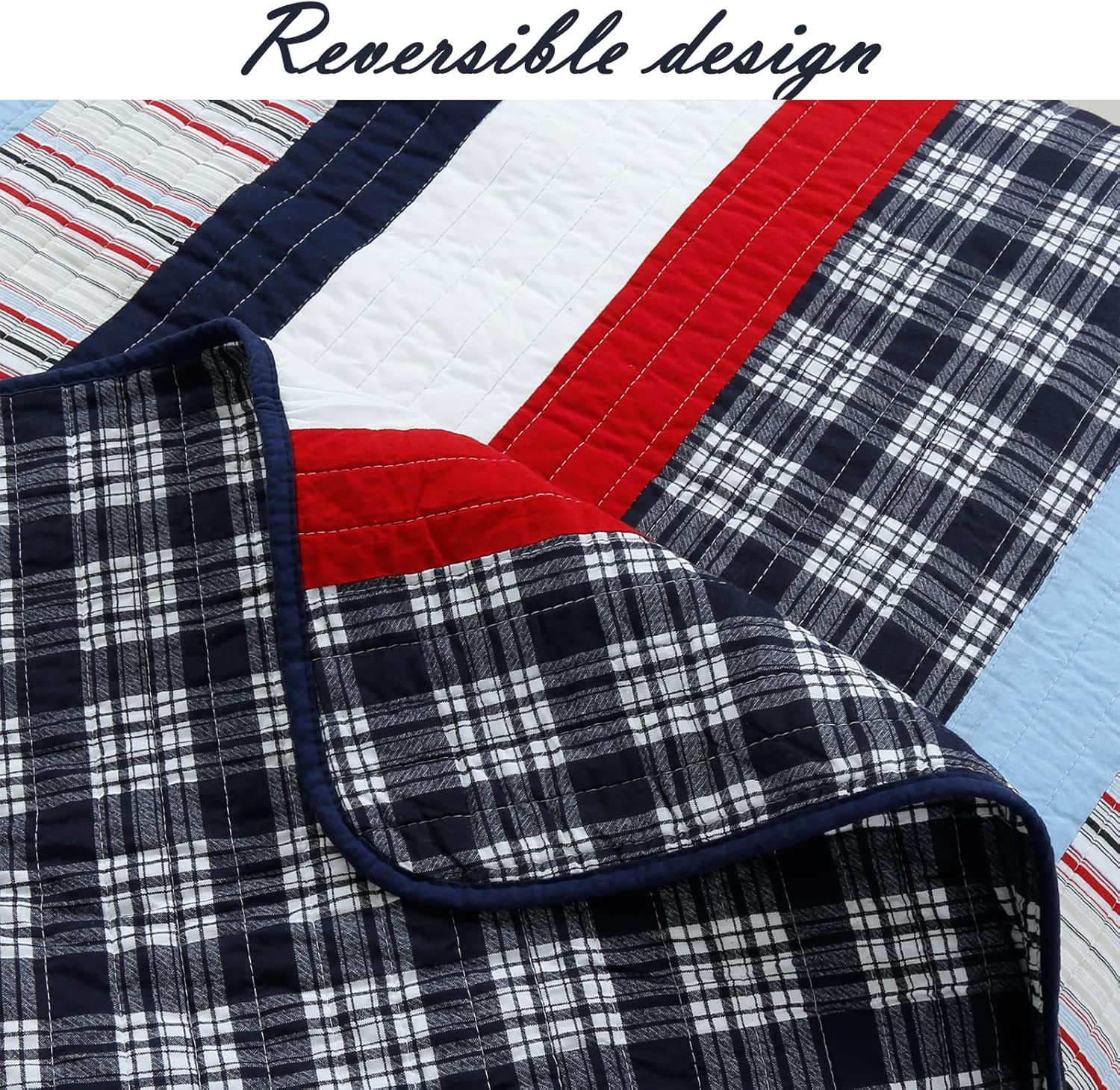Cozy Line Home Fashions Juego de ropa de cama reversible de 100 % algodón con diseño de rayas rojas y azul marino (Ronnie Varsity, Queen, 3 piezas 1