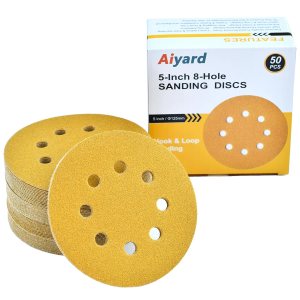 Discos de lija de 5 pulgadas, 8 agujeros, papel de lija de órbita aleatoria de grano 100, paquete de 50 Discos de lija de 5 pulgadas, 8 agujeros, papel de lija de órbita aleatoria de grano 100, paquete de 50