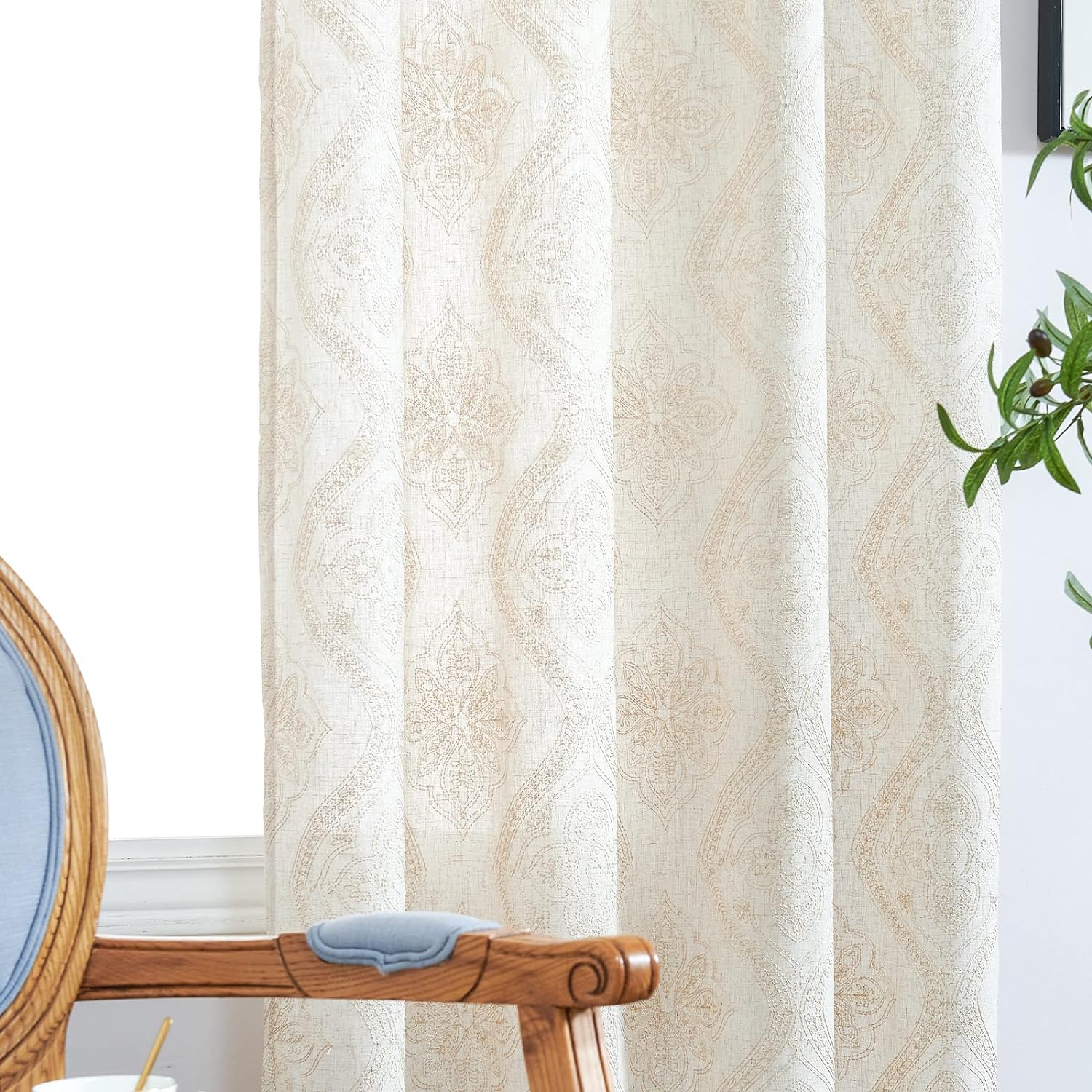 Jinchan – Cortinas de lino con textura para sala, diseño bordado para ventana, privacidad, juego para ventana, para dormitorio, con ojales en la