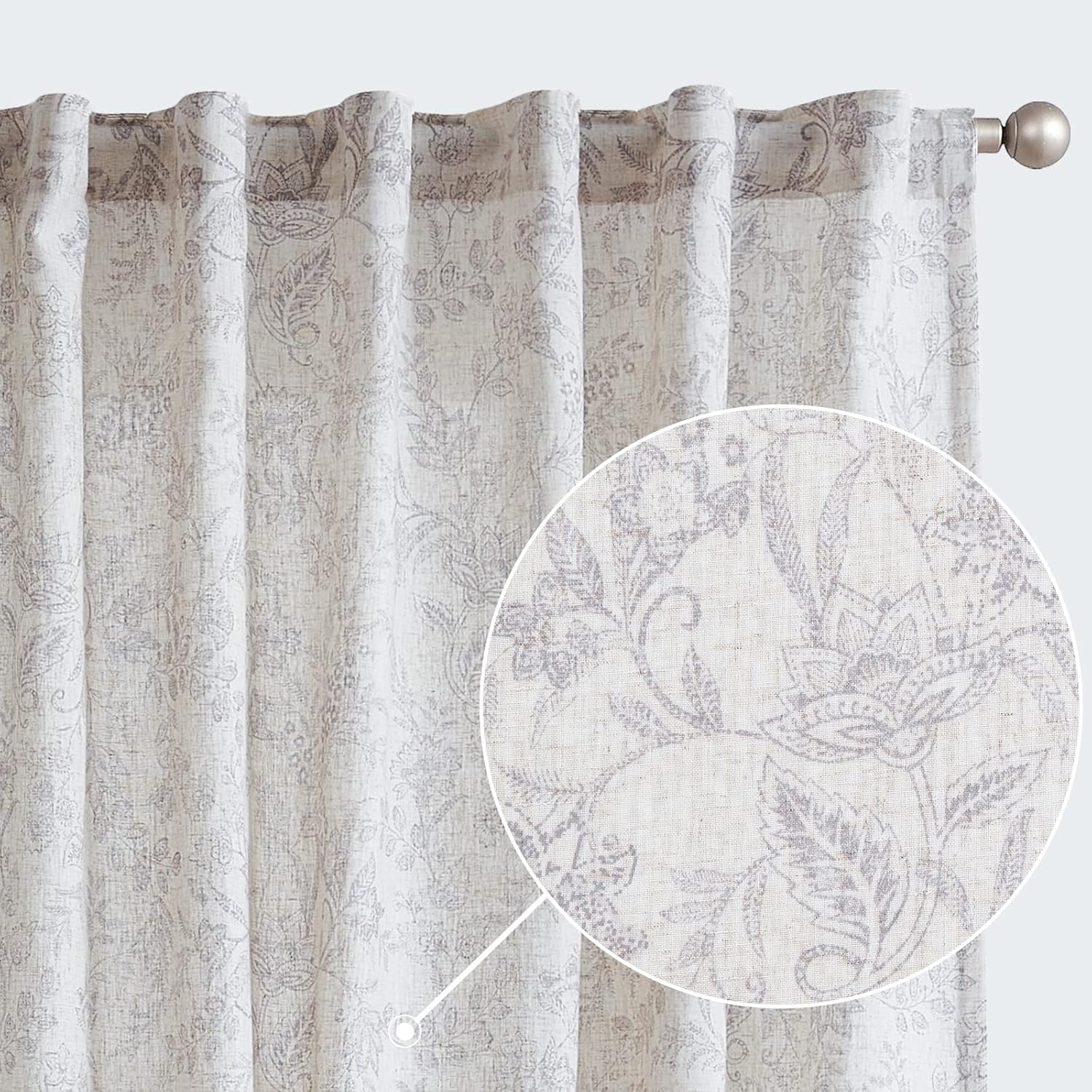 Lazzzy Cortinas de lino con estampado floral gris de 96 pulgadas de largo, cortinas con pestaña trasera para sala de estar y dormitorio, cortinas