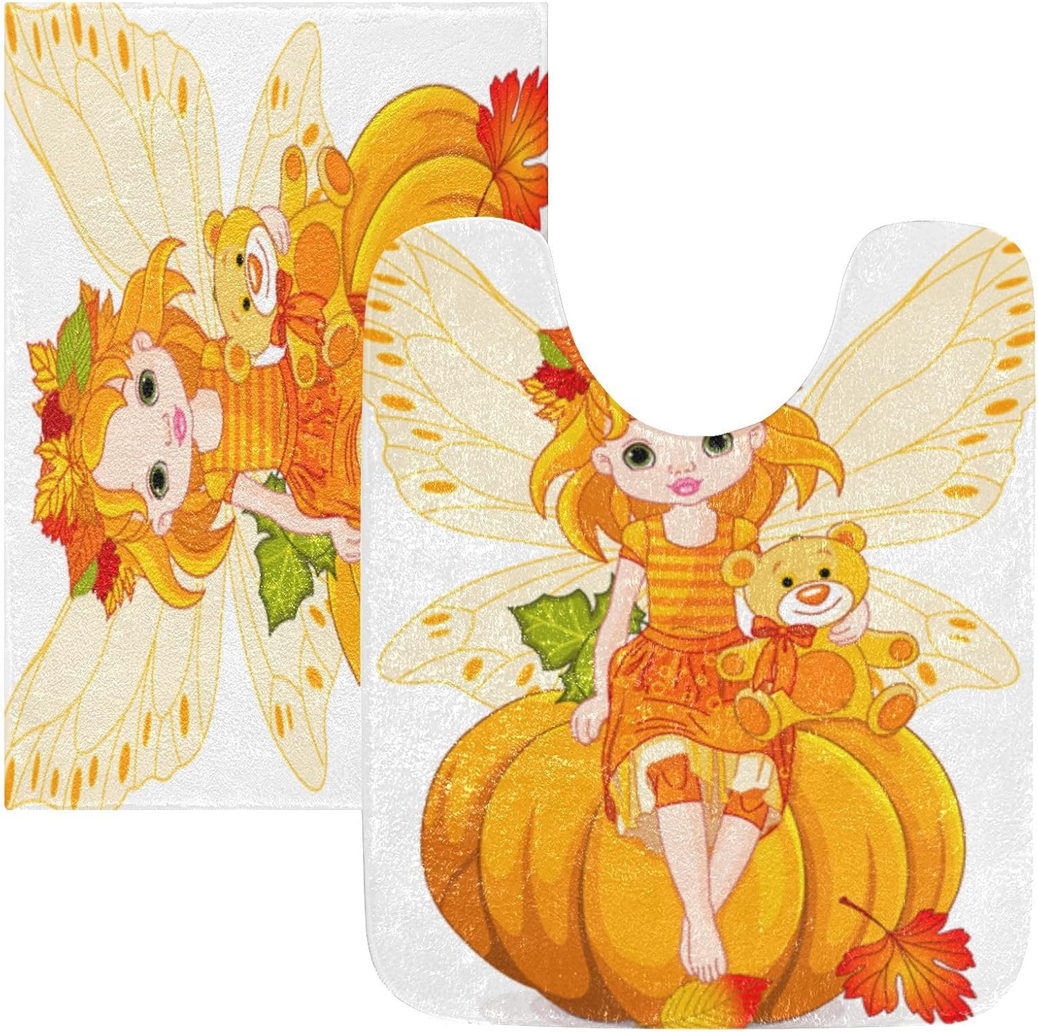 Bathroom Rugs Sets 2 Piece 24×16+24×20 Inch,Soft U-Shaped Contour Toilet Rug Autumn Pumpkin Fairy Non-Slip Absorbent Bath Floor Mat Carpet Set Water