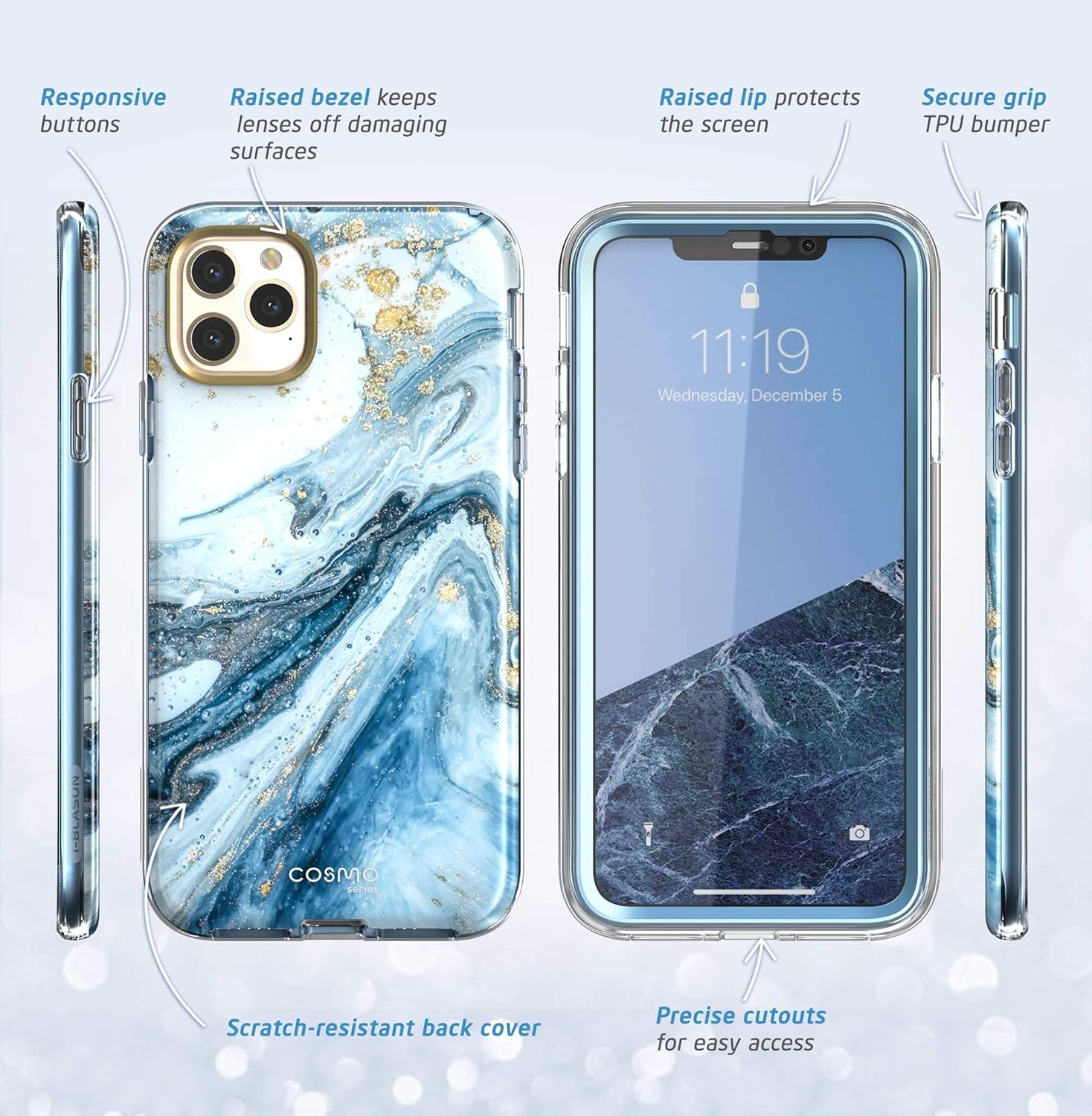 i-Blason Cosmo Series – Funda para iPhone 11 Pro Max 2019, funda protectora delgada de cuerpo completo con protector de pantalla integrado (azul)