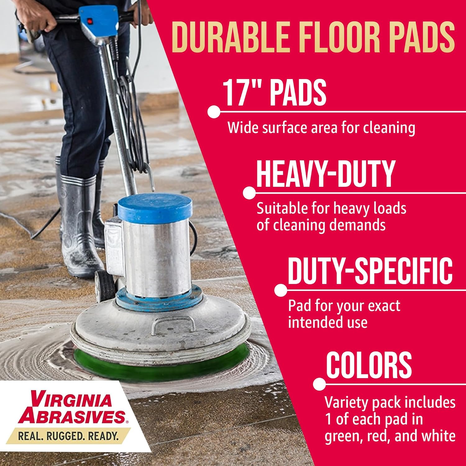 Virginia Abrasives 416-5017PAK – Paquete de 3 almohadillas redondas de mantenimiento de piso de 17 pulgadas de grosor con una almohadilla verde,