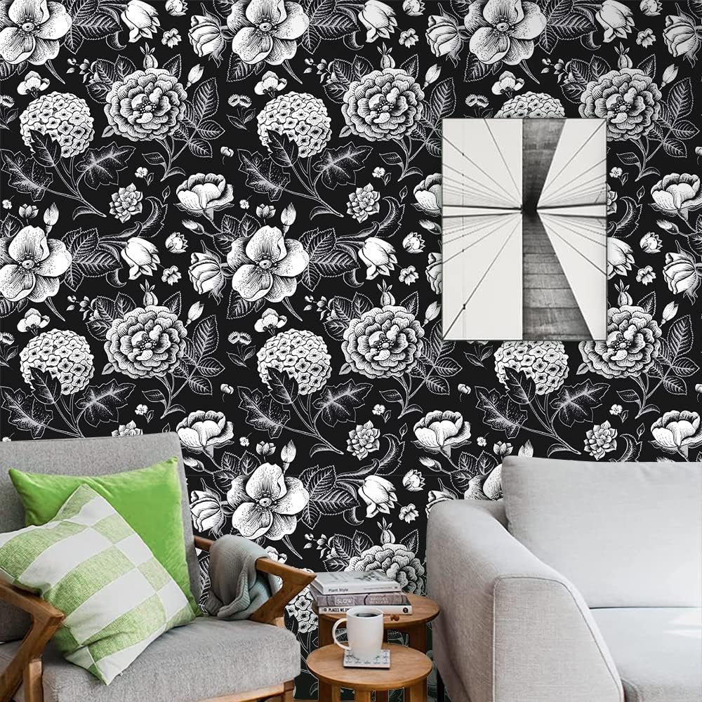 Papel tapiz vintage moderno en blanco y negro, papel tapiz floral, autoadhesivo, prepegado, papel tapiz removible (17.7 x 118.1 pulgadas,