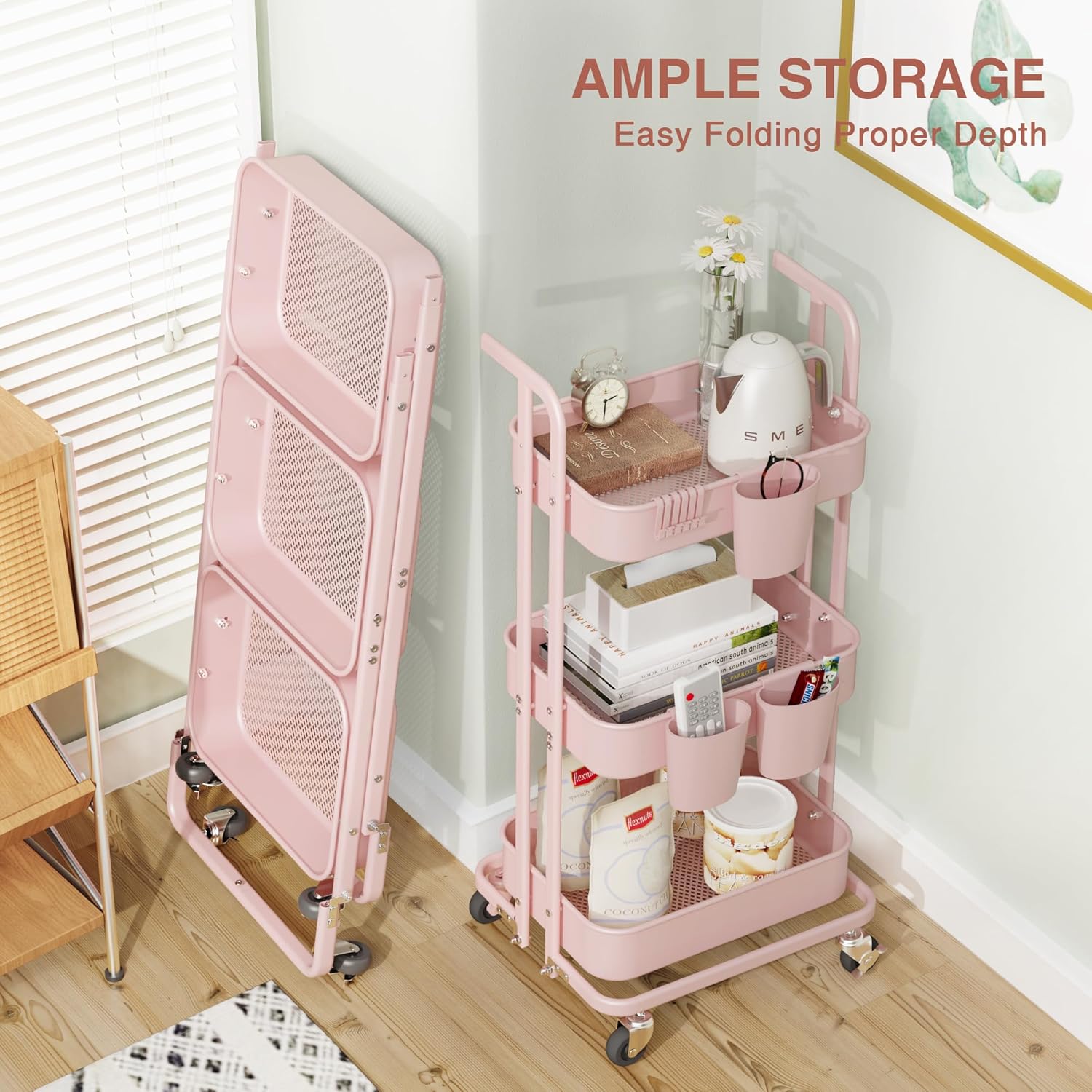 DTK Carrito plegable de 3 niveles, carrito utilitario de metal con ruedas bloqueables, carrito de almacenamiento plegable para sala de estar,