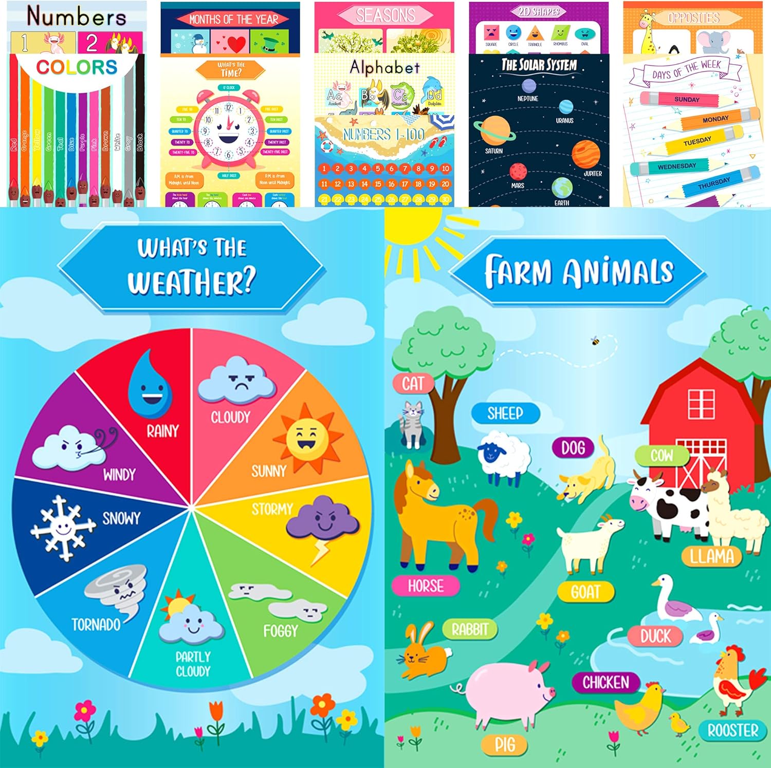 Youngever Paquete de 13 carteles educativos laminados preescolares para niños pequeños y niños, carteles de aprendizaje, carteles de aula, carteles
