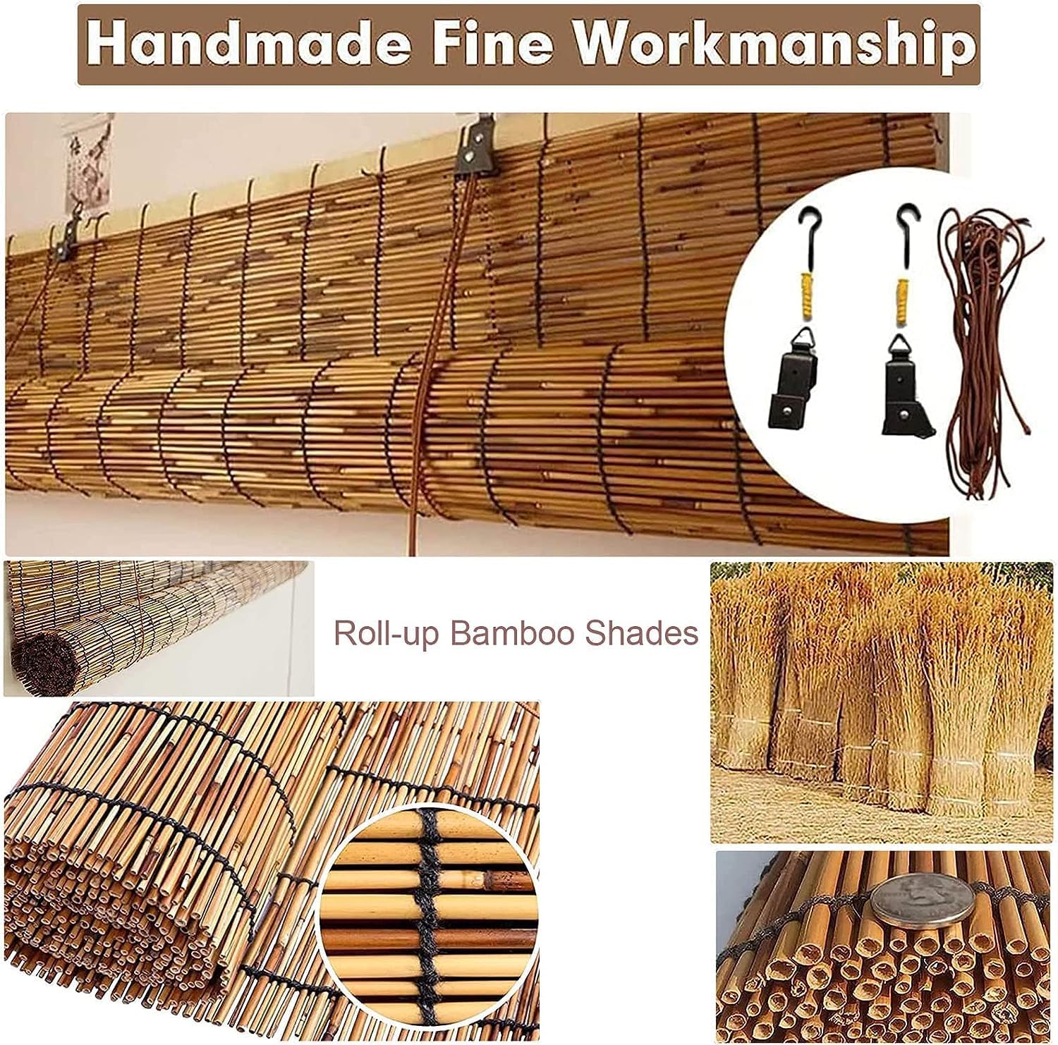 Persianas enrollables de bambú, persianas de bambú al aire libre, cortinas de caña retro impermeables de bambú, cortina de bambú para privacidad en