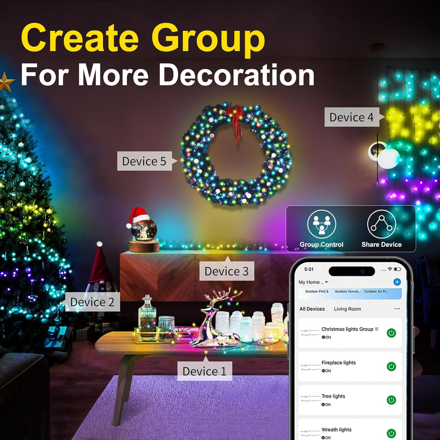 Quanquer Luces de Navidad inteligentes para exteriores, 196 pies, 600 LED RGB inteligentes WiFi que cambian de color, luces de Navidad controladas