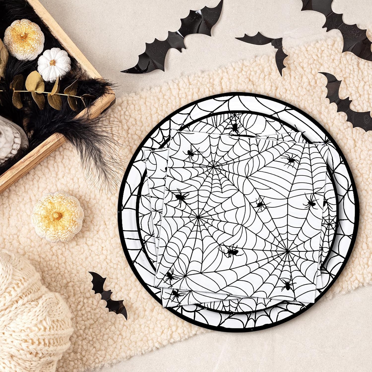 Whaline Platos y servilletas de Halloween, 40 platos de papel de telaraña y 20 servilletas de almuerzo, juego de vajilla desechable para decoración