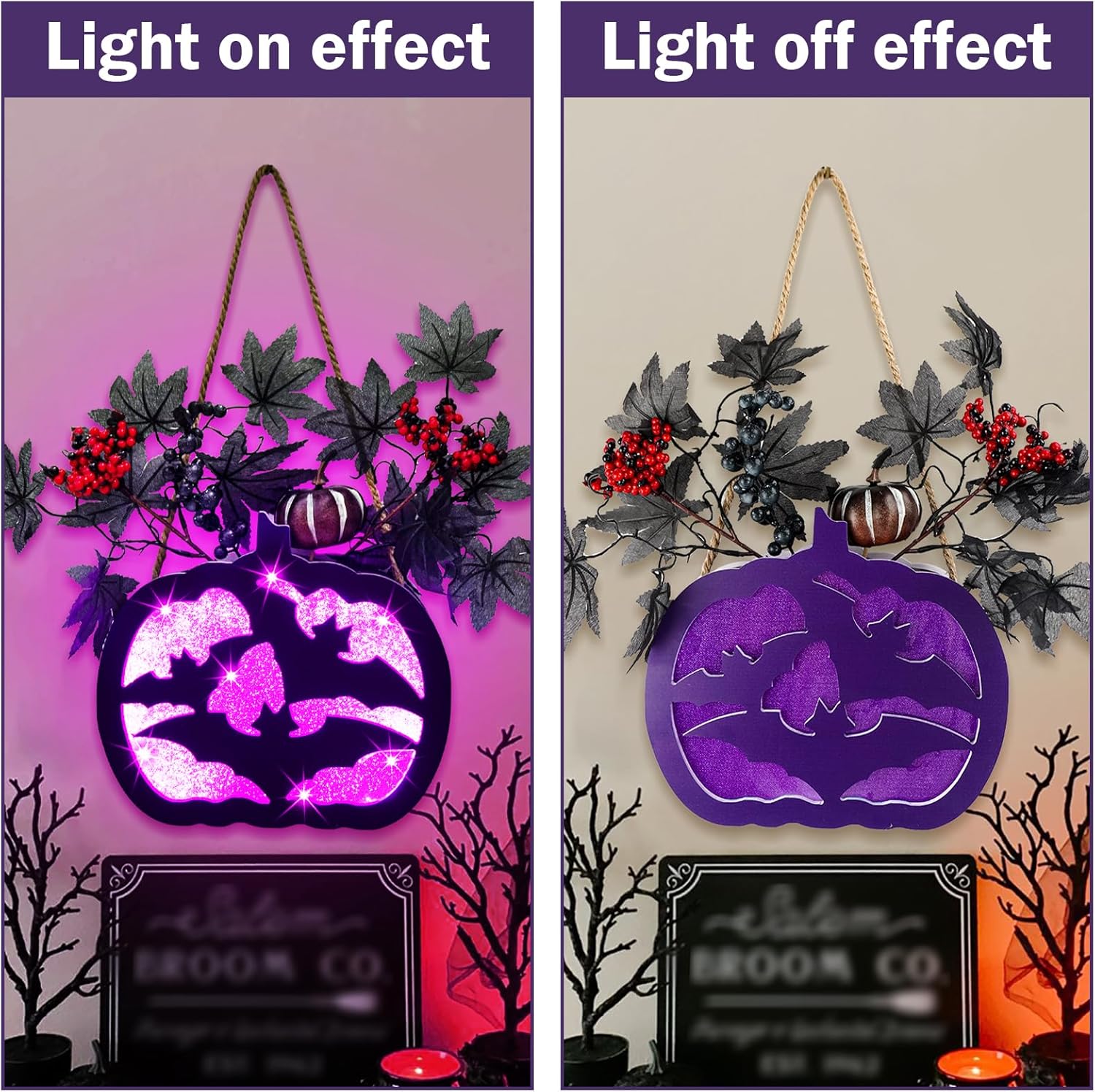 Ruidazon Prelit – Letrero de corona de Halloween iluminado artificial para puerta delantera, funciona con pilas, letrero colgante de Halloween con