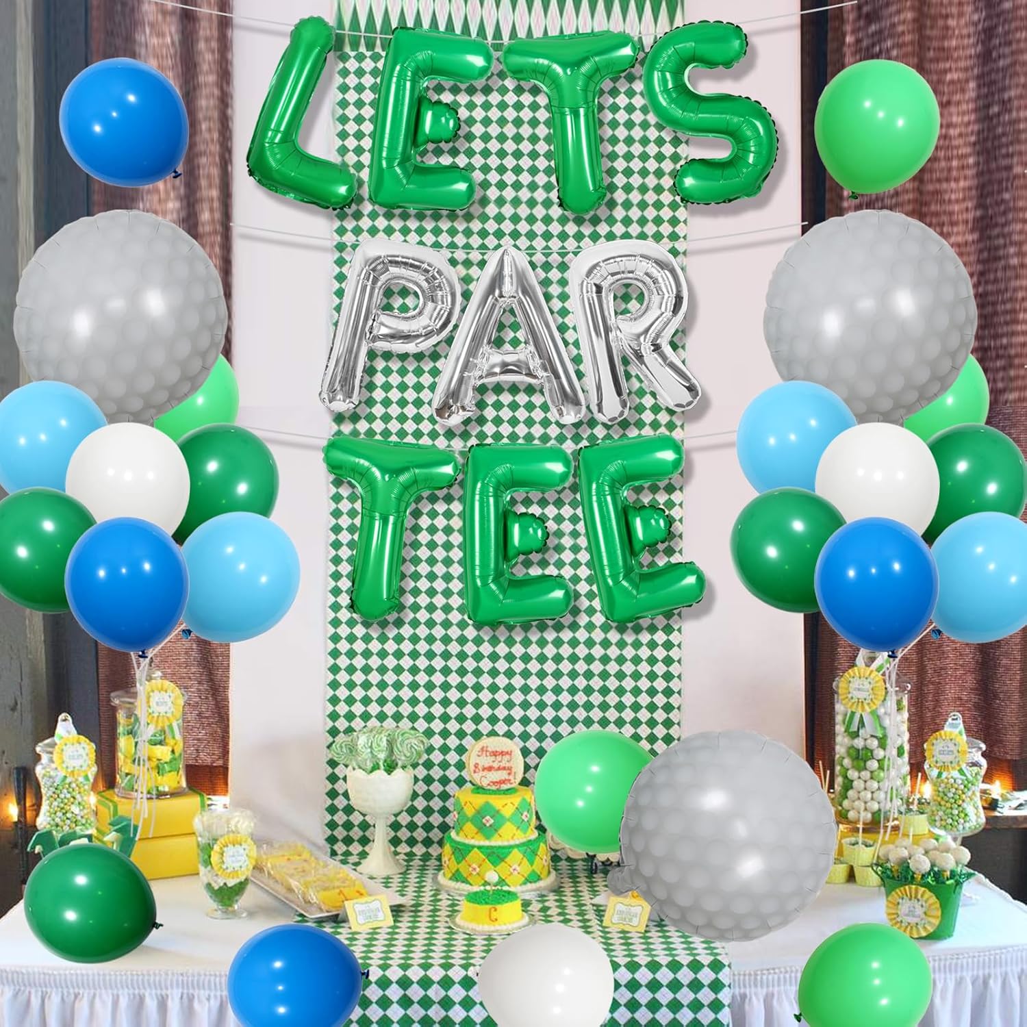 JOYMEMO Decoraciones de fiesta de golf para niños y hombres, pancarta de globo de Let’s ParTee azul y verde, globos de pelota de golf, decoración de