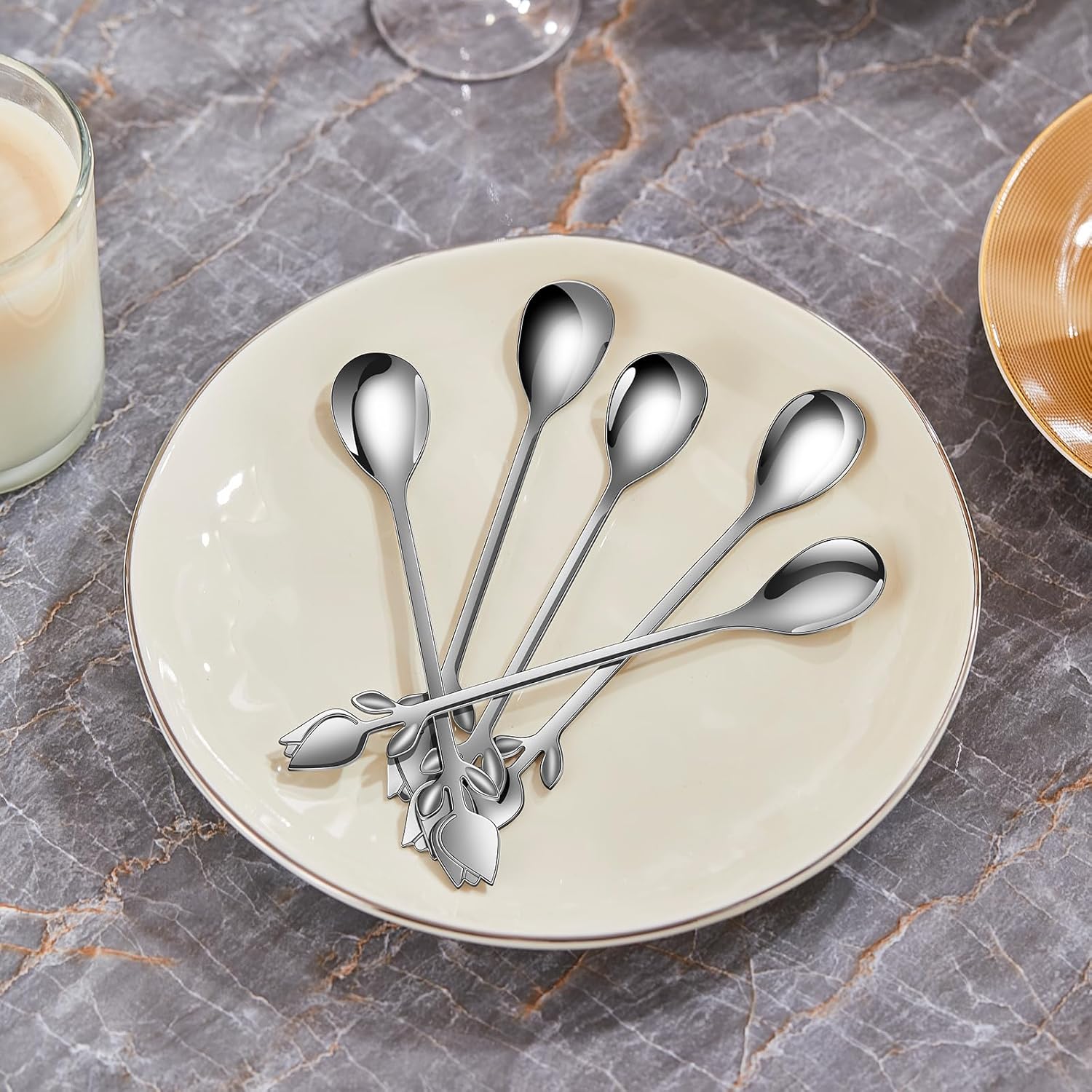 Juego de cucharas de café pequeñas plateadas con mango de tulipánrosa de 6 pulgadas, 12 piezas, acero inoxidable