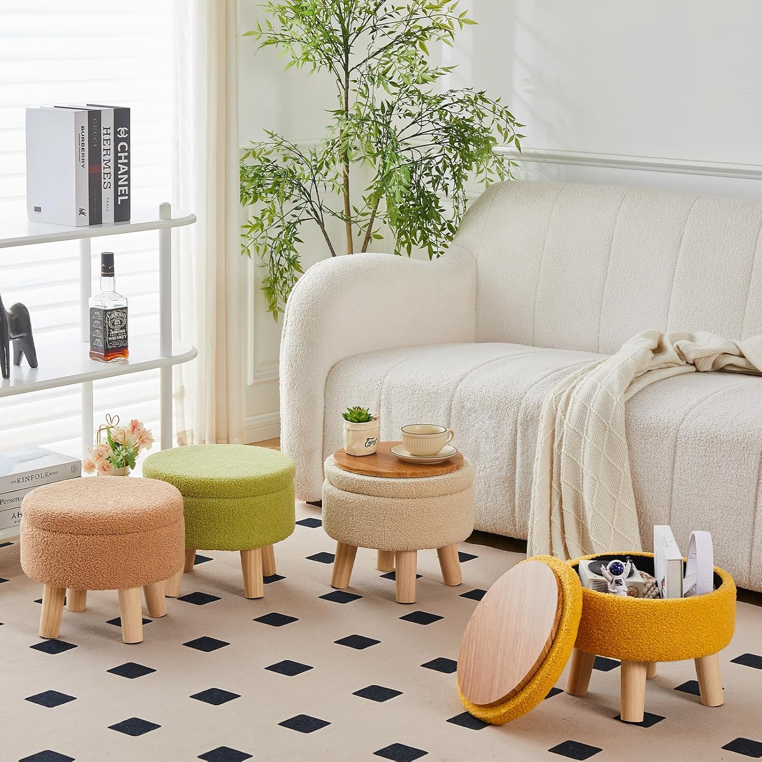 Wimarsbon Otomana de almacenamiento, moderno reposapiés redondo con asiento acolchado suave, reposapiés de terciopelo de peluche con patas de