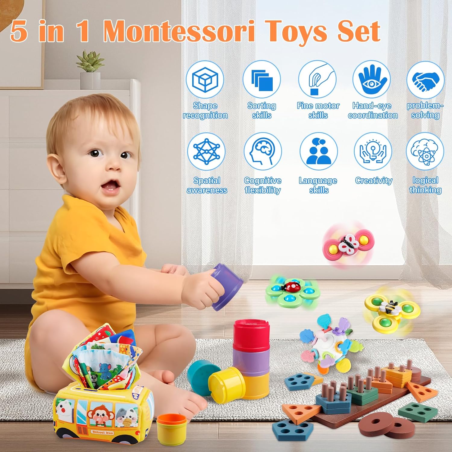 Juguetes para bebés de 6 a 12 meses, juguetes Montessori 5 en 1 para niños pequeños de 1 a 3 años, caja de pañuelos para bebés, juguetes sensoriales