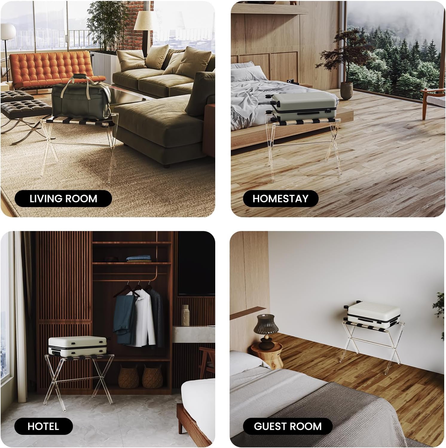 Sumerflos Portaequipajes de acrílico para habitación de invitados, soporte plegable transparente para maleta con correas de cuero para dormitorio,