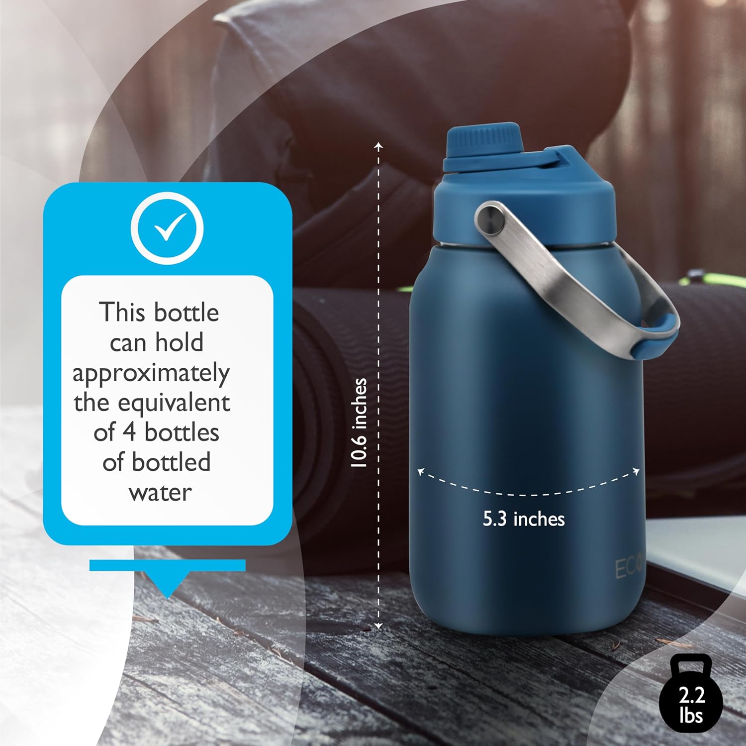Botellas de agua aisladas de medio galón, jarra de agua de 64 onzas con mango de metal, botella de agua térmica apta para lavavajillas, boca ancha,