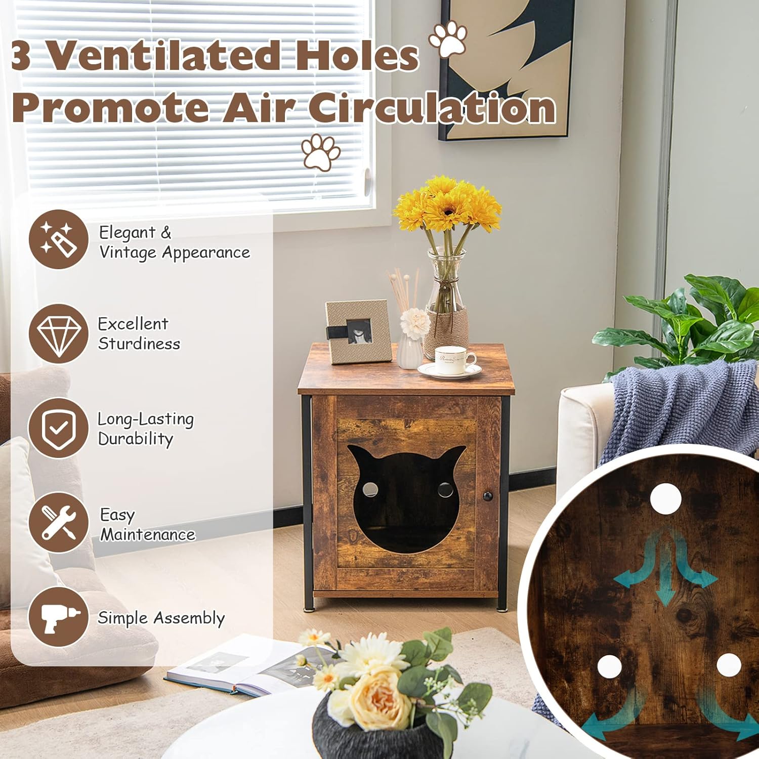 PETSITE Caja de arena, gabinete de baño para gatos con marco de metal, mesa auxiliar cerrada para gatos, mesita de noche, caja de arena oculta,