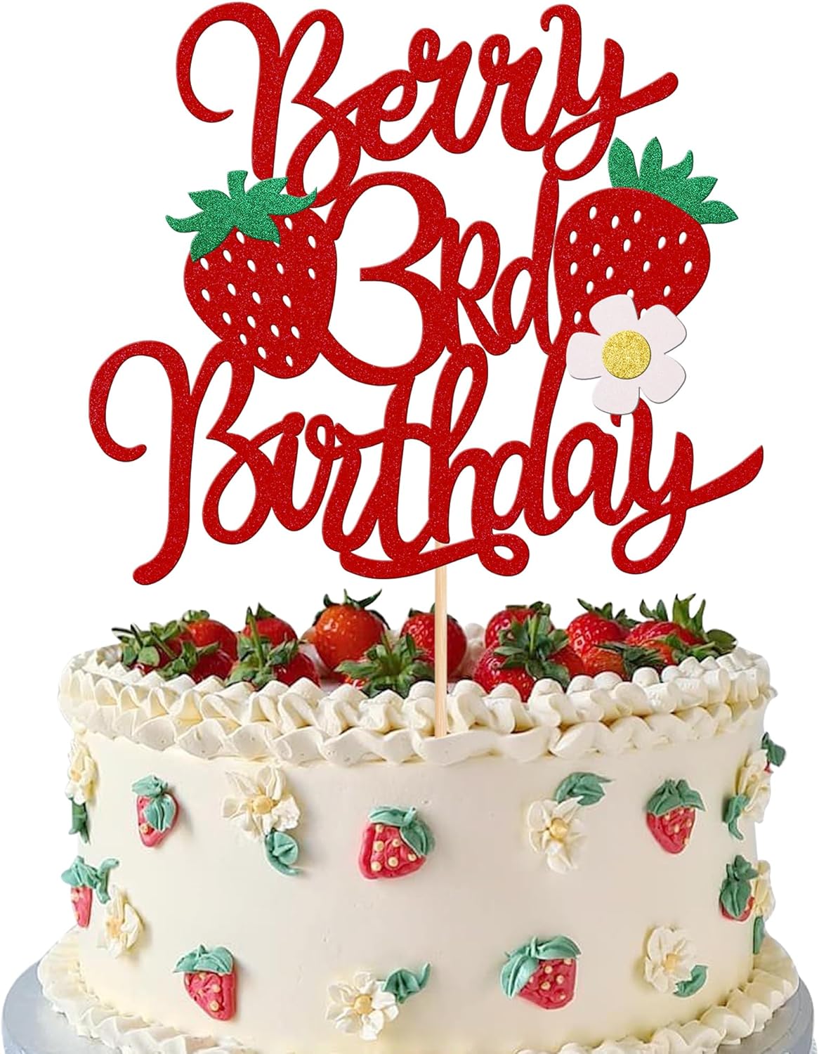 1 pieza de fresa y bayas para pastel de tercer cumpleaños con purpurina y tema de fruta dulce, selección de pastel de fresa para temática de fresa,