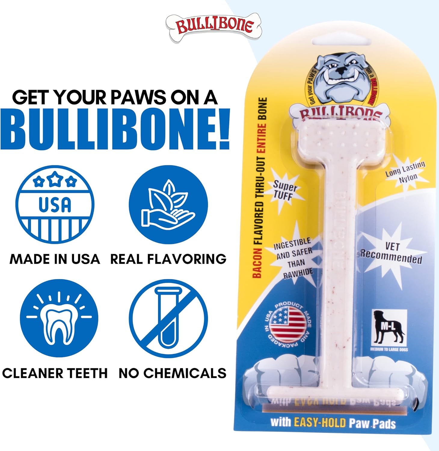 Bullibone Hueso de juguete de nailon para masticar para perros, mejora la higiene dental, parte inferior fácil de agarrar e impregnado de sabor
