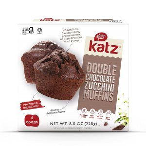 Katz Gluten Free Muffins dobles de calabacín de chocolate. Un rico muffin de chocolate con chispas de chocolate derretido y calabacín fresco, sin Katz Gluten Free Muffins dobles de calabacín de chocolate. Un rico muffin de chocolate con chispas de chocolate derretido y calabacín fresco, sin