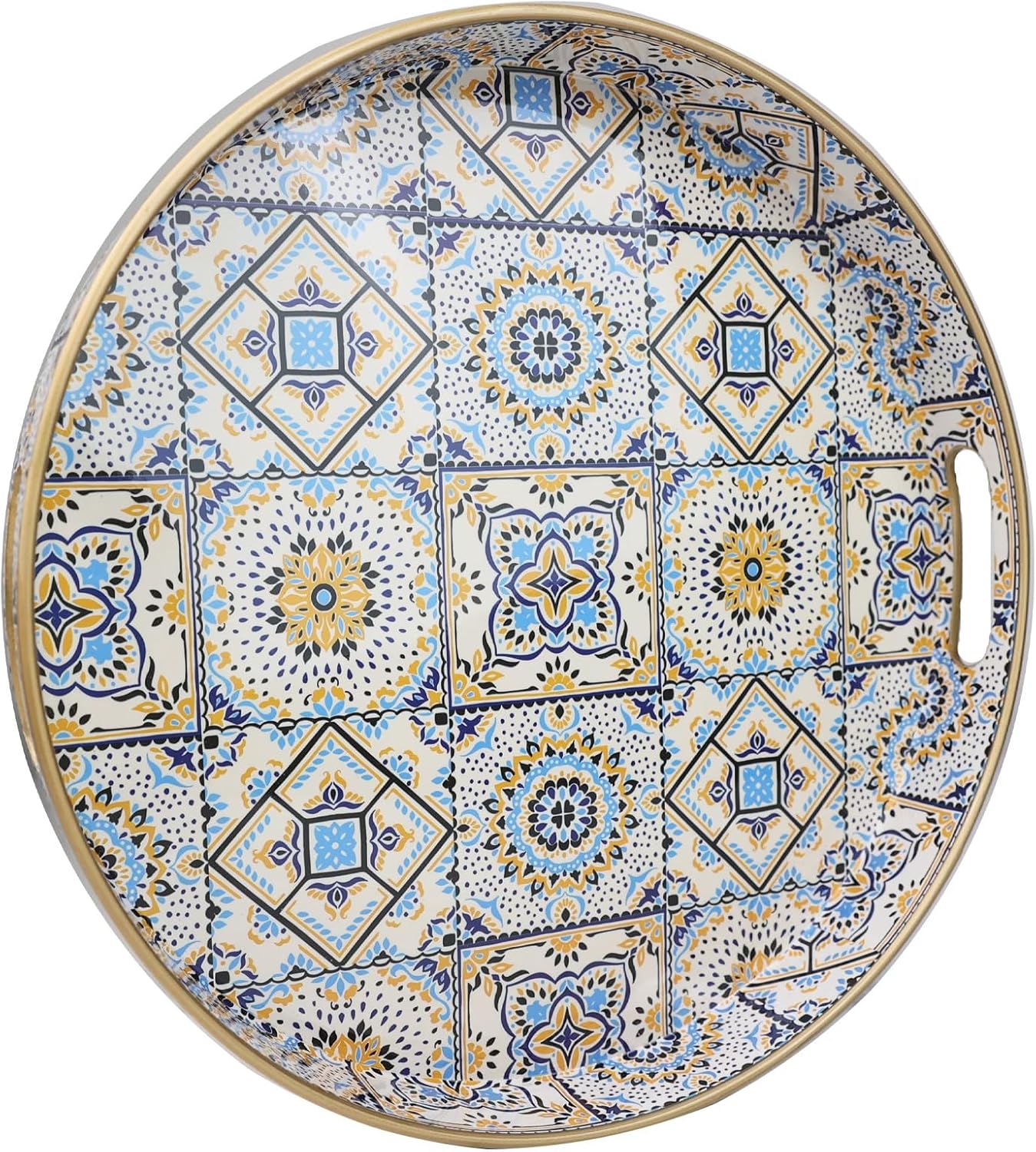 Bandejas redondas de plástico decorativas bohemias de 13 pulgadas con asas para sala de estar, mesa de café, otomana, baño, cocina