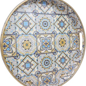Bandejas redondas de plástico decorativas bohemias de 13 pulgadas con asas para sala de estar, mesa de café, otomana, baño, cocina Bandejas redondas de plástico decorativas bohemias de 13 pulgadas con asas para sala de estar, mesa de café, otomana, baño, cocina
