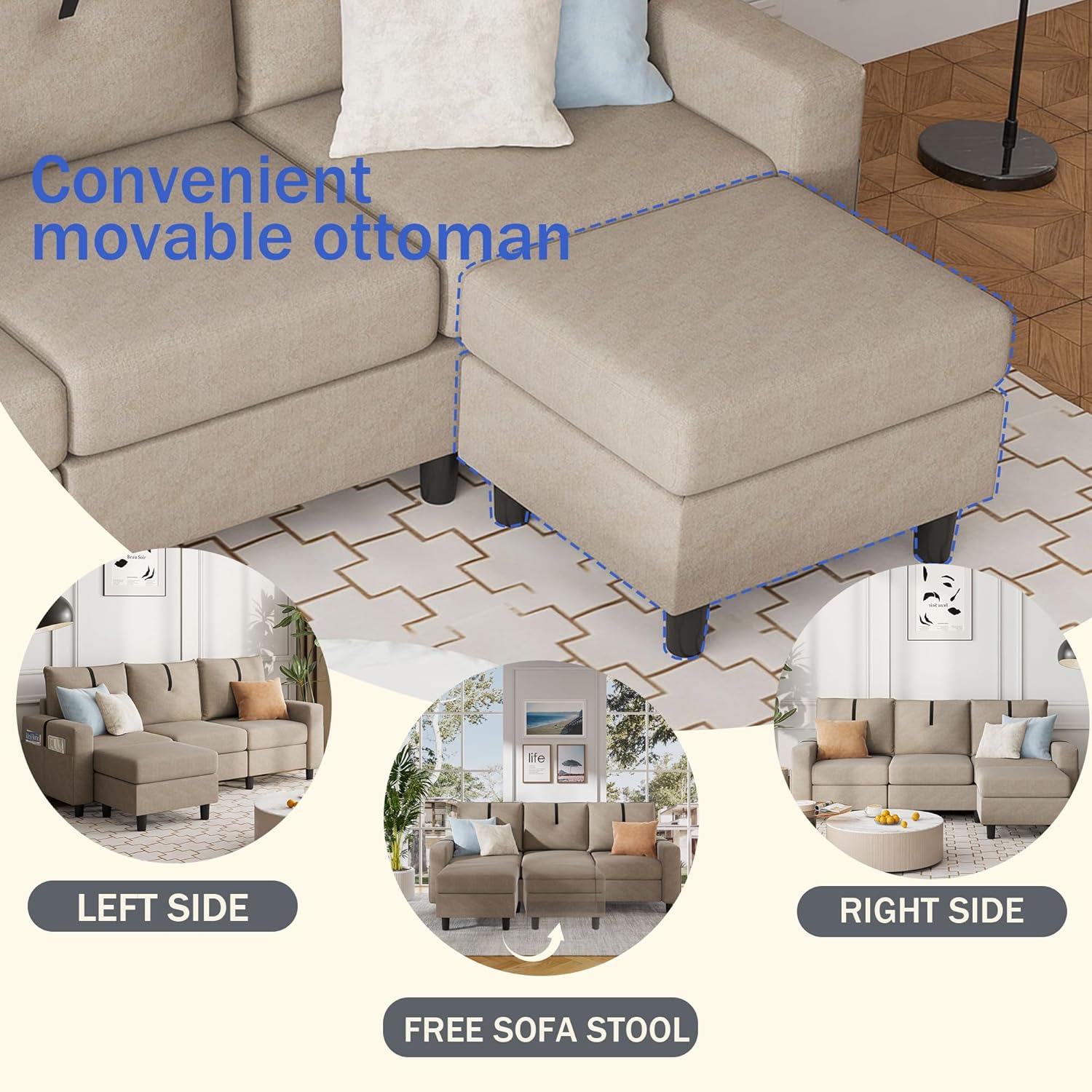 Sofás seccionales en forma de L de 80 pulgadas, sofá de 3 plazas con otomana reversible y bolsillo de almacenamiento lateral, sofá modular pequeño