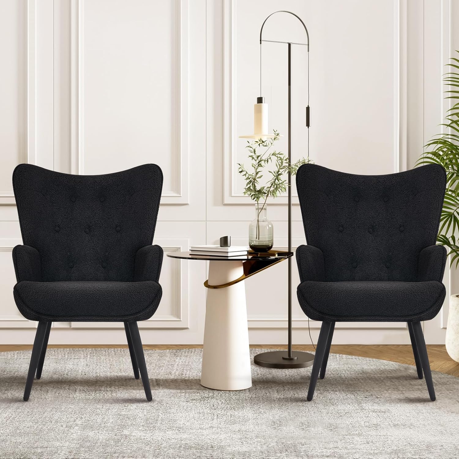 Furnimart Silla decorativa de piel sintética negra con respaldo de ala, silla moderna para sala de estar, cómoda silla de invitados para oficina,