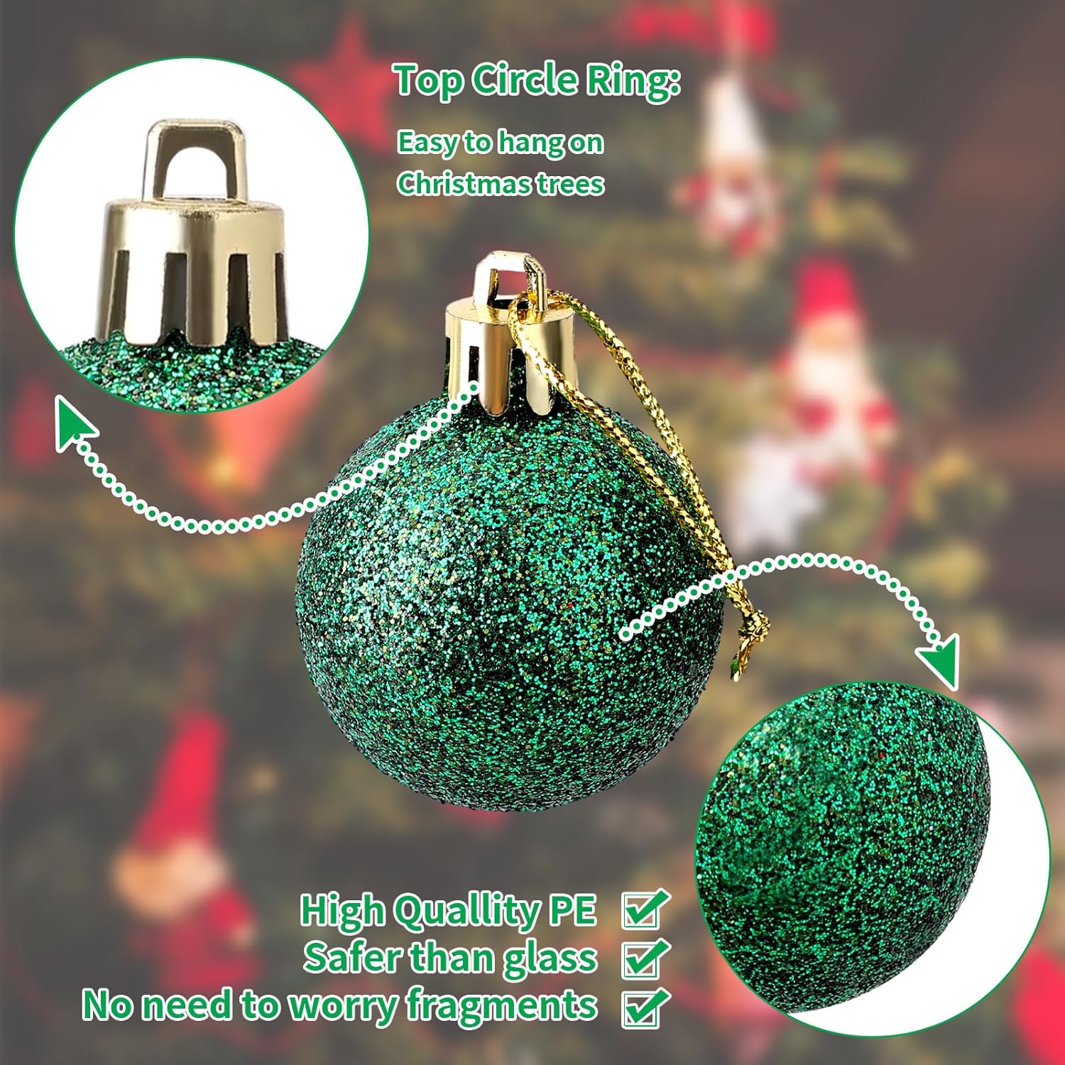 60 esferas de Navidad color verde esmeralda, adornos de plástico de 1.57 pulgadas, adornos de árbol de Navidad con lazo para colgar, para fiestas de