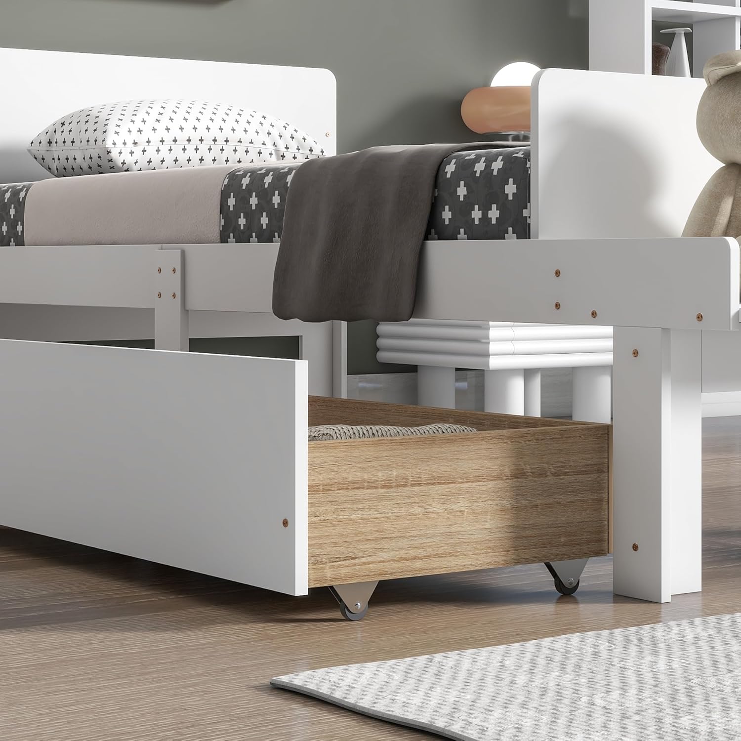 Dolonm Base de cama individual para niños con 2 cajones, plataforma de almacenamiento con banco de estribo, marco de cama individual para niños,