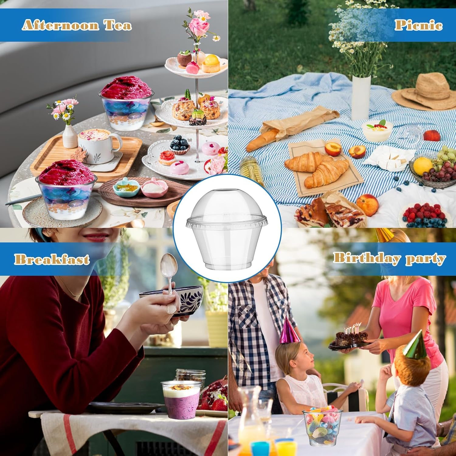 Huaiid Paquete de 50 vasos de postre de plástico transparente de 7 onzas con tapas de cúpula, vasos de plástico transparente desechables, vasos de