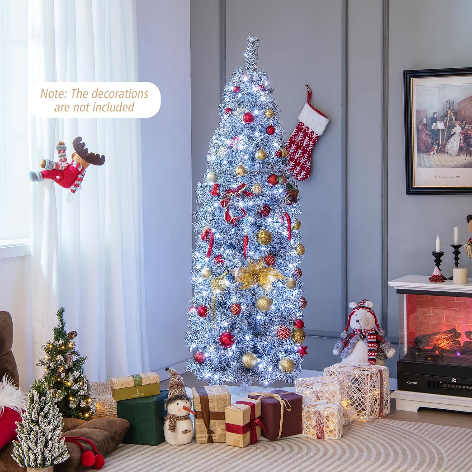 HAPPYGRILL Árbol de Navidad artificial preiluminado de 6 pies, árbol de Navidad con bisagras con 475 puntas de rama, 250 luces LED blancas frías,