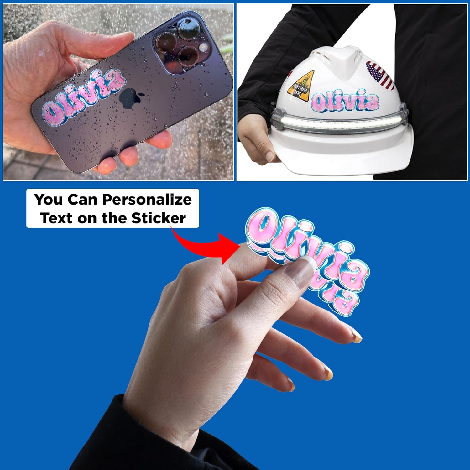 Pegatina personalizada con nombre de color rosa intenso, azul claro, lindo estilo rosa, divertidas calcomanías divertidas para sombrero, calcomanías