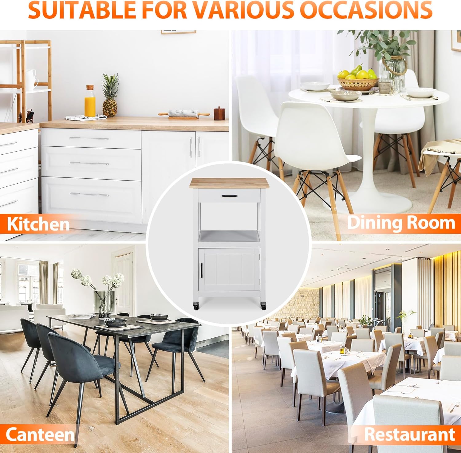 Isla de cocina con ruedas giratorias con cajón, armario de almacenamiento con 3 ganchos laterales para comedor, color blanco