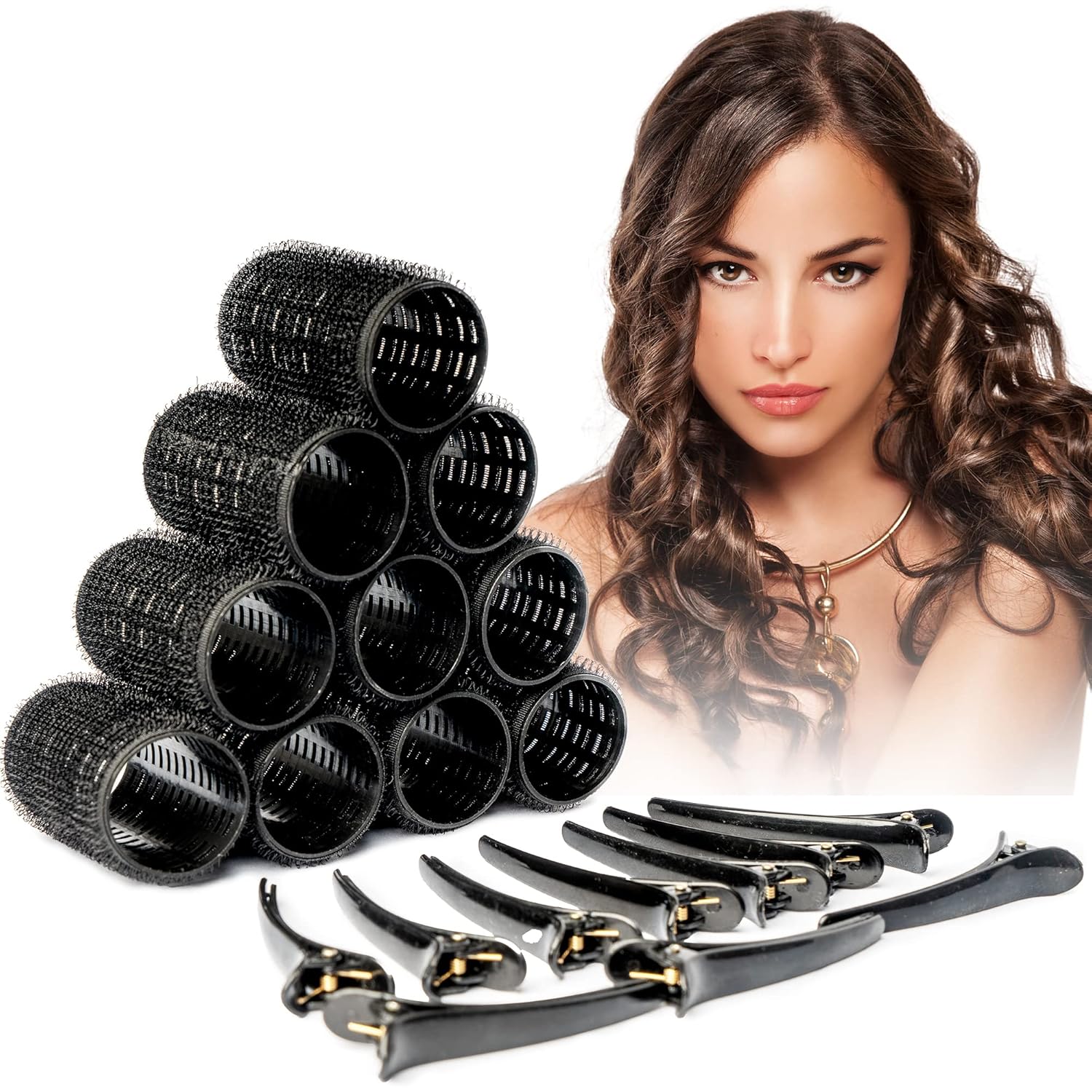 10 rodillos de pelo sin calor con 10 clips, rizadores de velcro autosujetables para cabellos largos y cortos, rizador de pelo pegajoso de agarre,