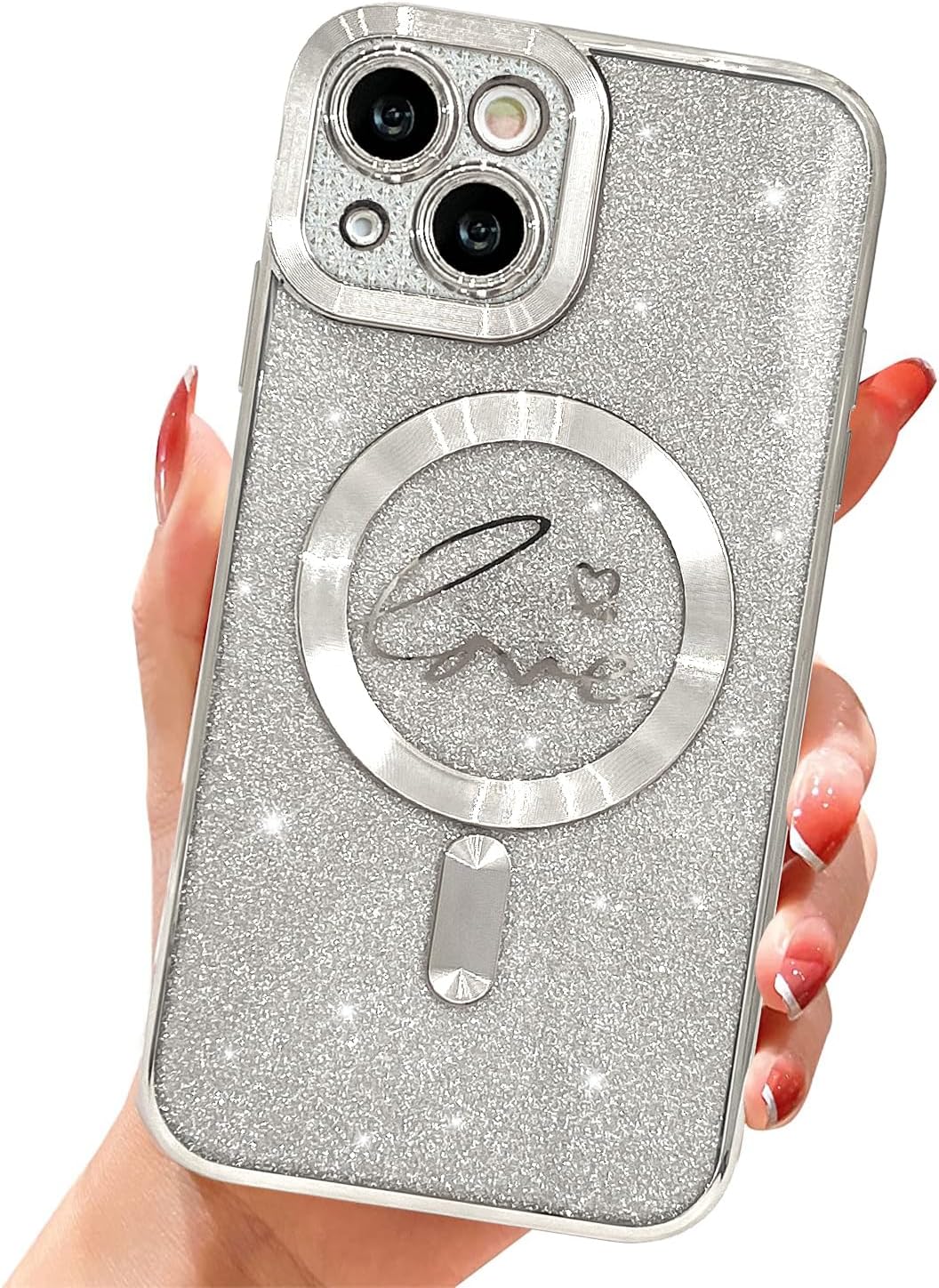Funda magnética transparente con purpurina para iPhone 14, compatible con Magsafe, diseño de corazón de amor, chapado de lujo, protector completo de
