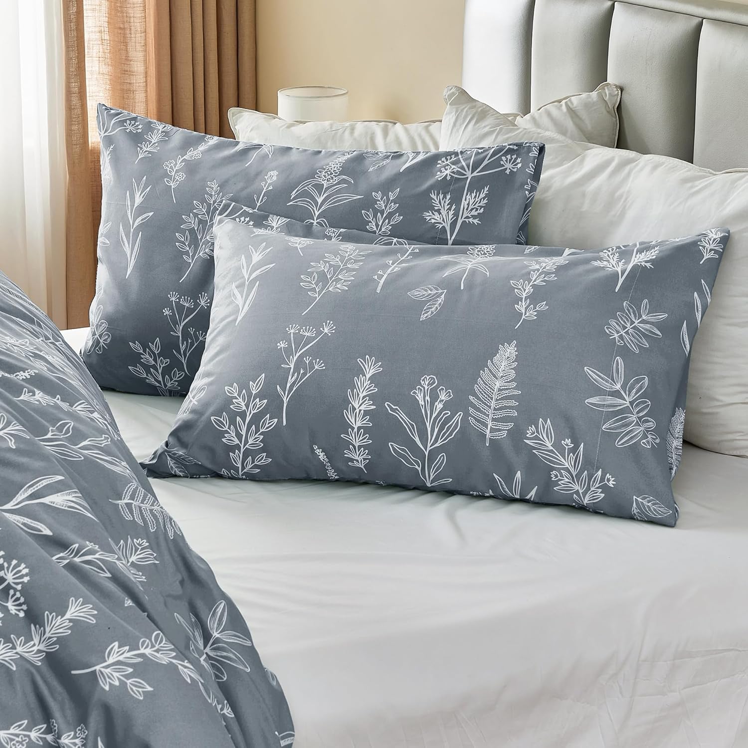 Juego de funda de edredón tamaño King, reversible floral gris con cierre de cremallera, juego de ropa de cama de microfibra suave de 3 piezas con