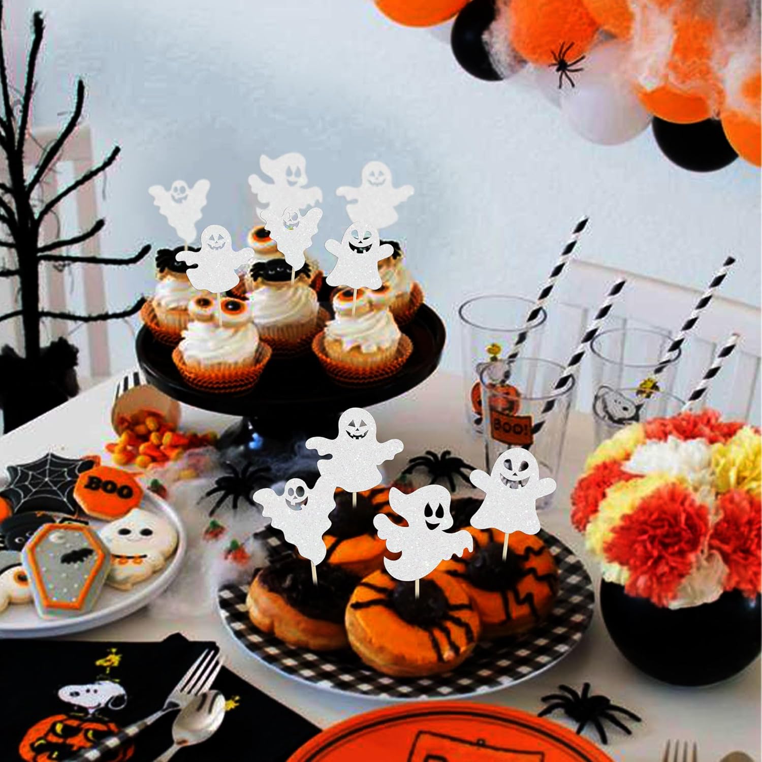 Gyufise 24 adornos de Halloween para cupcakes de fantasma, purpurina blanca, espeluznante, Halloween, baby shower, decoración para Halloween,
