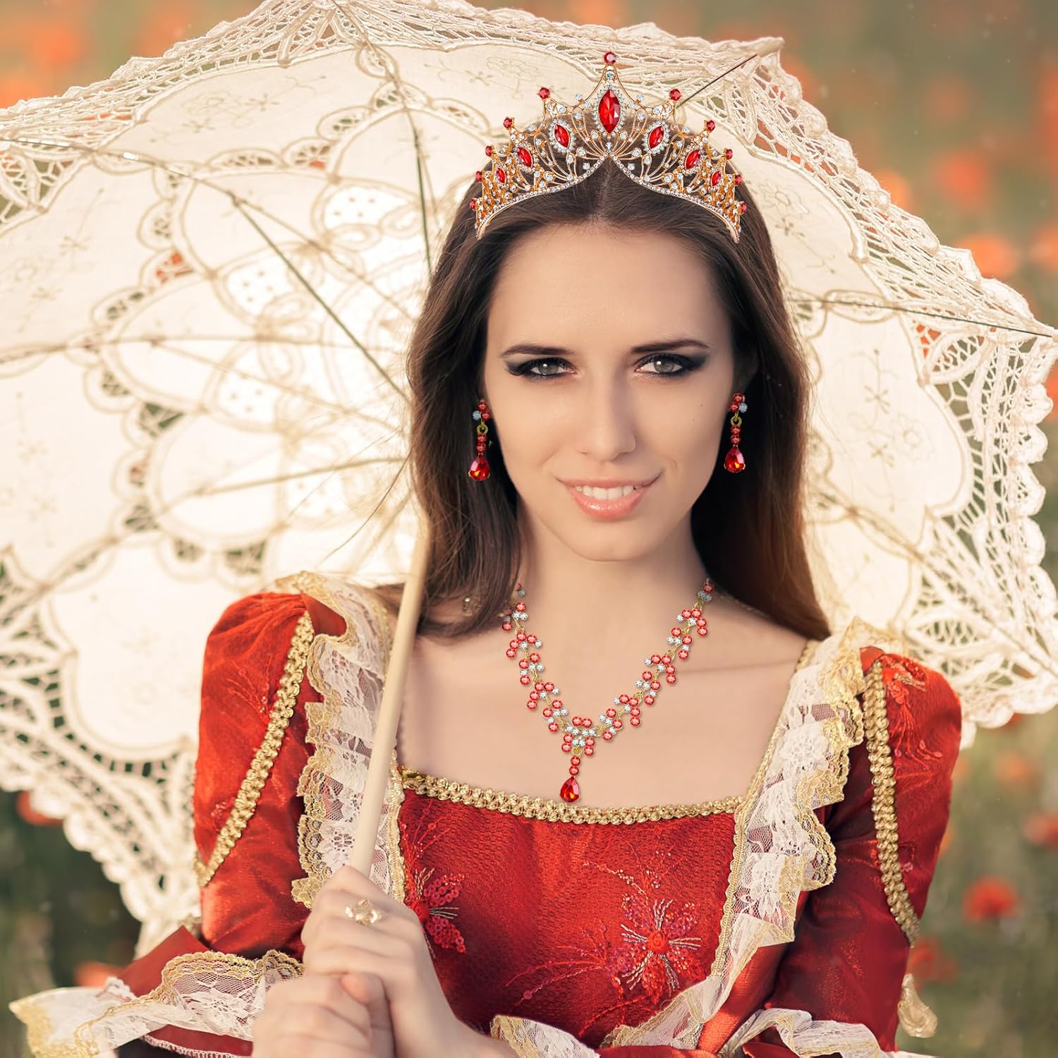 Hicarer Juego de 3 piezas de corona barroca de reina, aretes de tiara, collar, diadema de cristal, tiaras y coronas para mujer, joyería de boda,