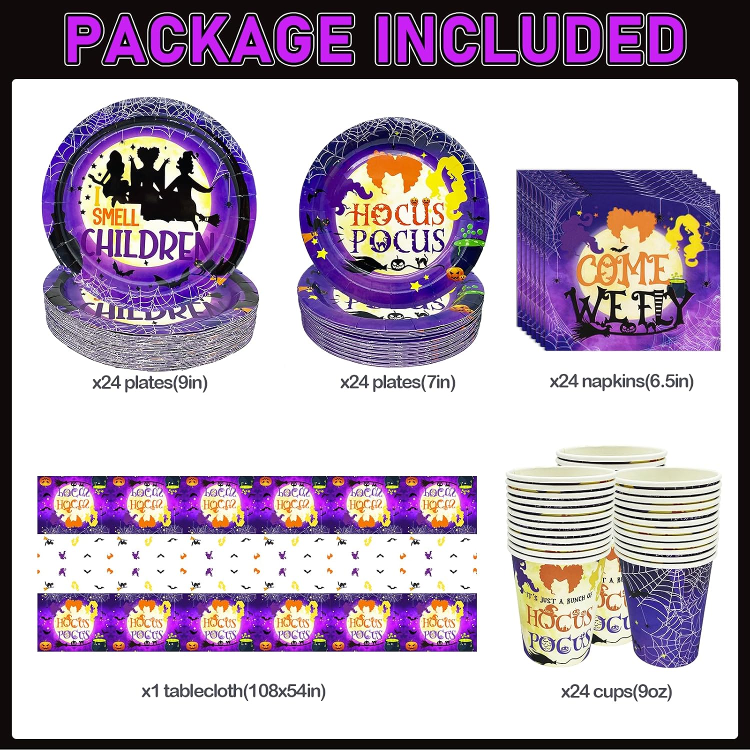 Suministros para fiestas de Hocus Pocus, decoraciones de fiesta de Hocus Pocus, la vajilla de Hocus Pocus, incluye platos y servilletas de Hocus