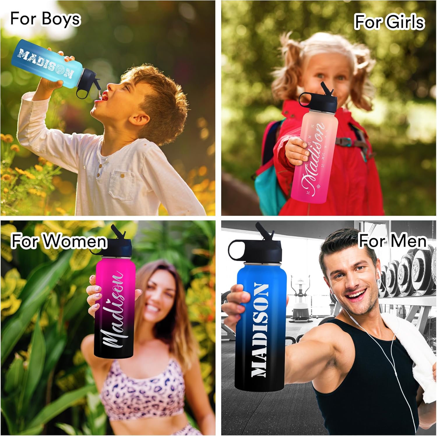Botella de agua personalizada con texto, botella de agua colorida de acero inoxidable al vacío personalizada de 18 onzas  32 onzas para niños,