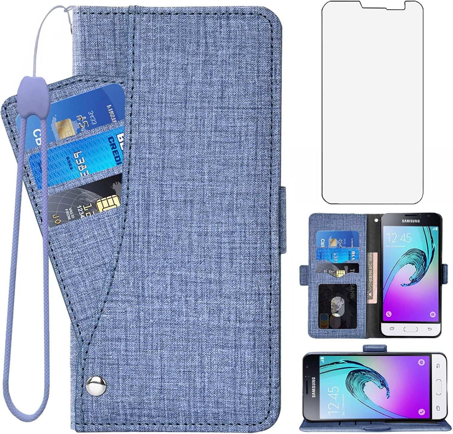 Asuwish Compatible con Samsung Galaxy J1 2016Amp 2Express 3Luna – Funda tipo cartera de vidrio templado, protector de pantalla y tarjetero abatible,