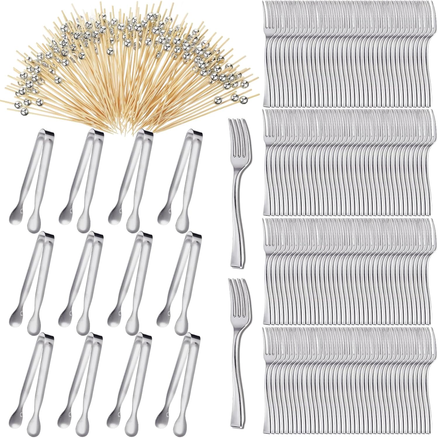 Juego de mini tenedores de cóctel y pinzas para servir para fiesta de boda, incluye pinzas, tenedores desechables para aperitivos, palillos de