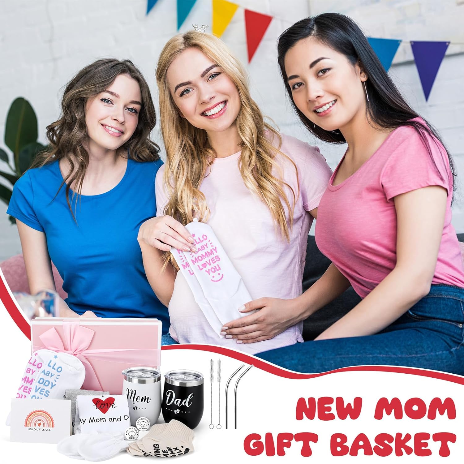 12 unidades de cesta de regalo para nuevos padres, regalos para mamá y papá, vasos 2024, mono, calcetines para bebé, moneda de decisión para baby