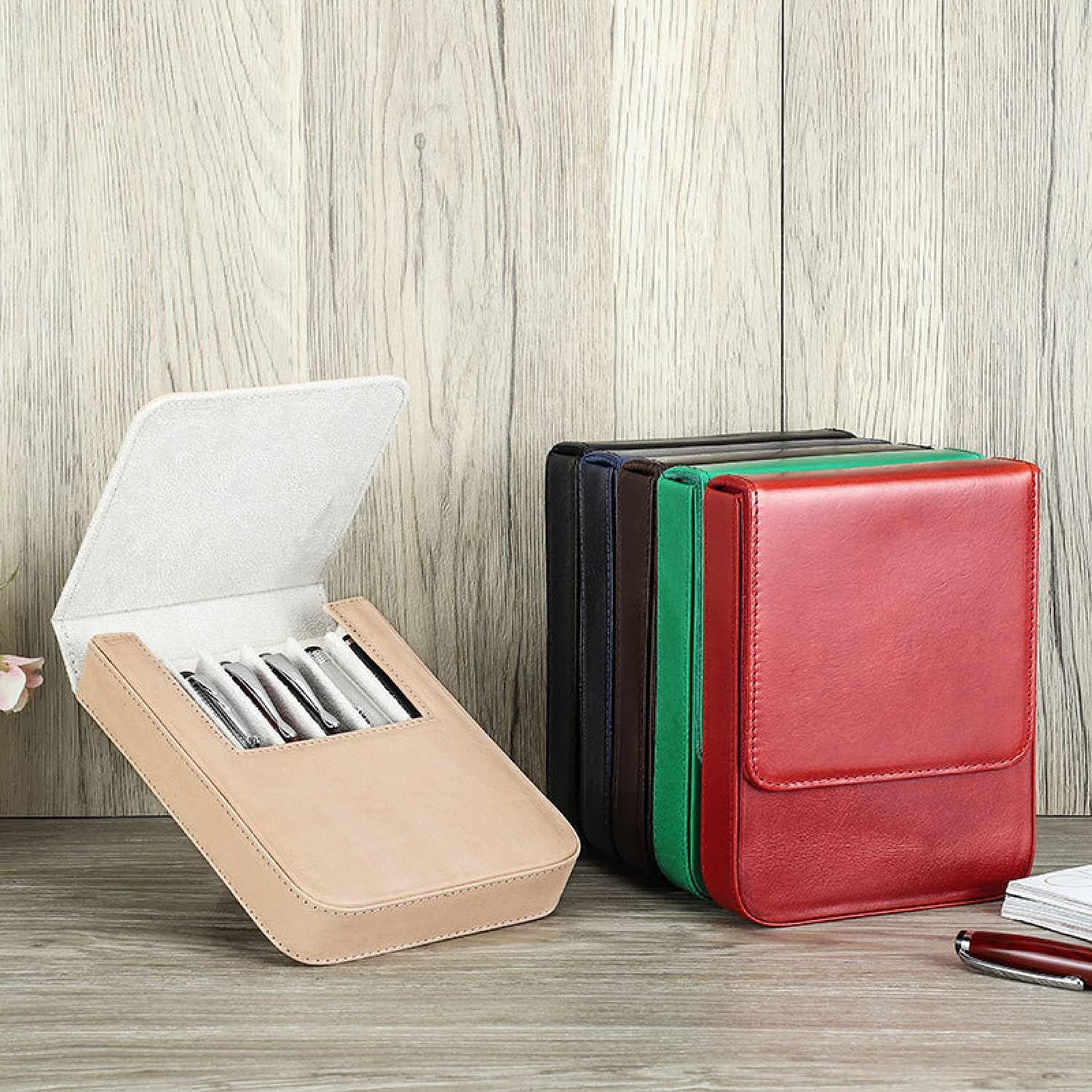 Top Grain – Organizador de 6 bolígrafos y lápices de piel auténtica, diseño de moda sin logotipo, hecho a mano, cierre magnético con diseño de