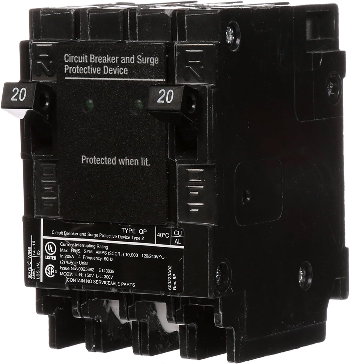 Siemens QSA2020SPD Protección contra sobretensiones para toda la casa con dos disyuntores de 20 amperios para uso solo en paneles Siemens