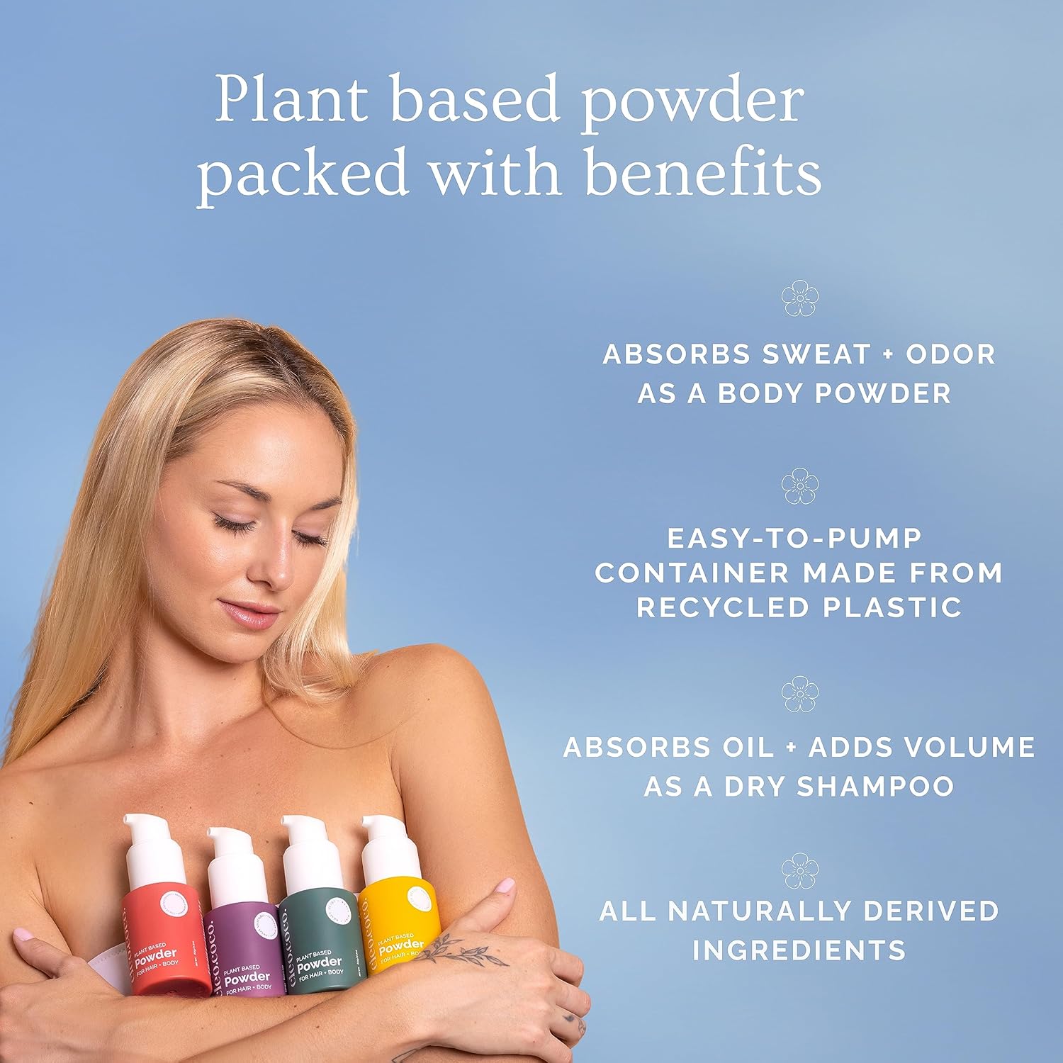 Cleo & Coco – Champú seco natural en polvo – Para cuerpo y cabello – Para mujeres – Absorbe el olor y el sudor – Aceites esenciales y polvo de