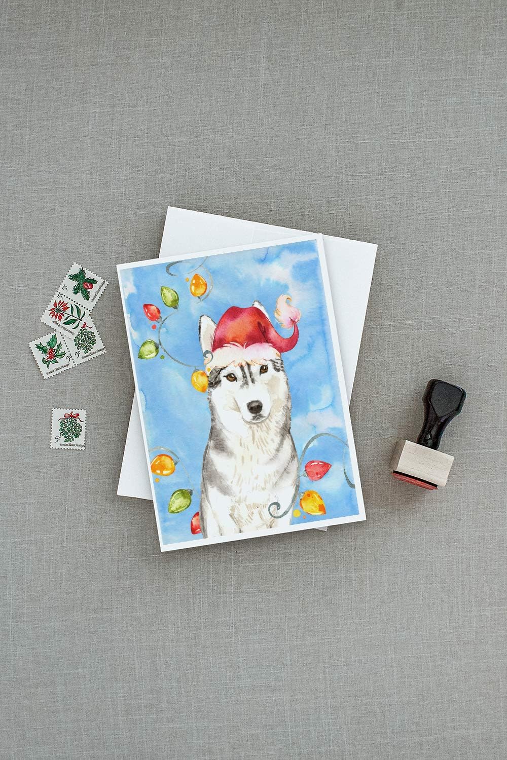 Caroline’s Treasures CK2495GCA7P – Tarjetas de felicitación y sobres con luces de Navidad, diseño de husky siberiano, paquete de 8 tarjetas en